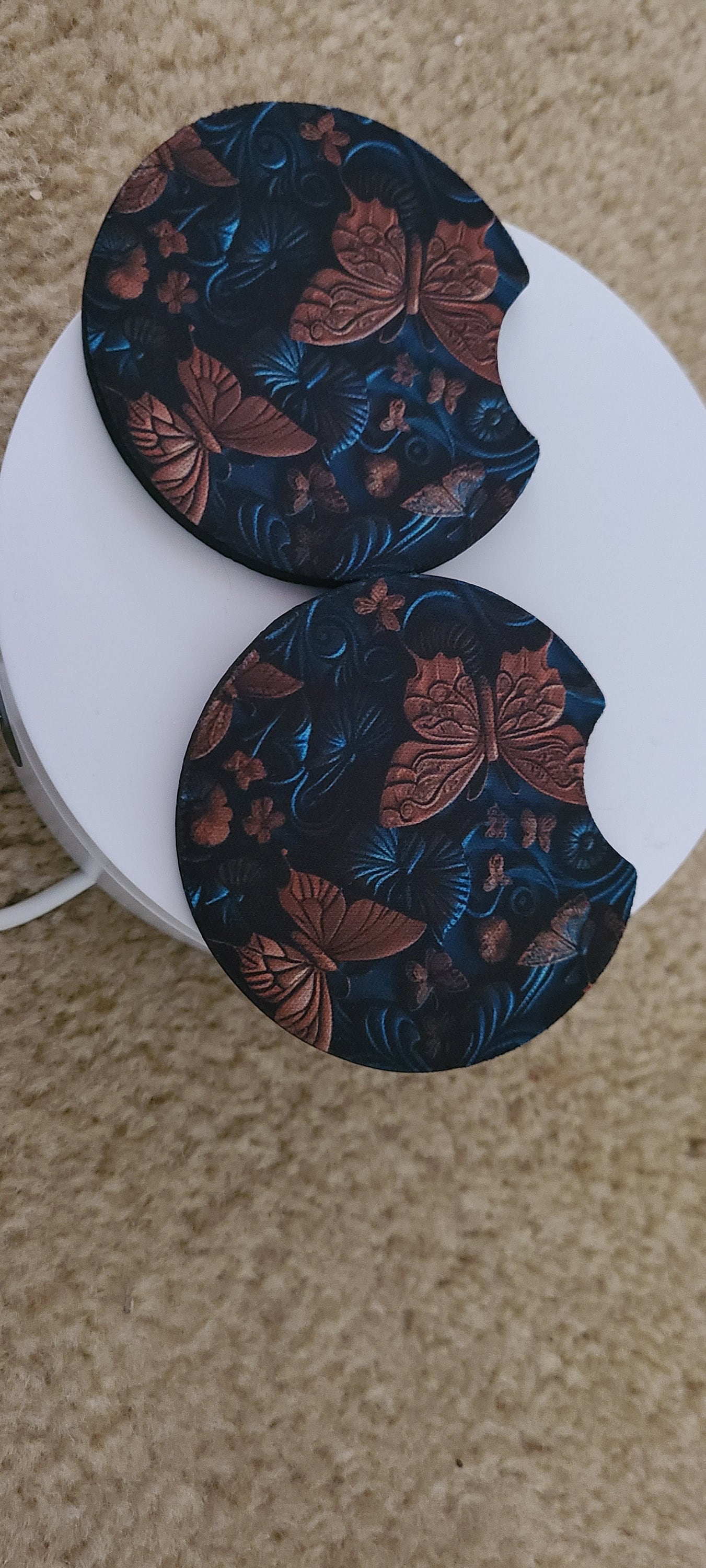 Butterfly tooled Neoprene Asorbant Car Coasters come as a set of 2-car accessories-gifts-home decor-trending car coasters-gifts for her