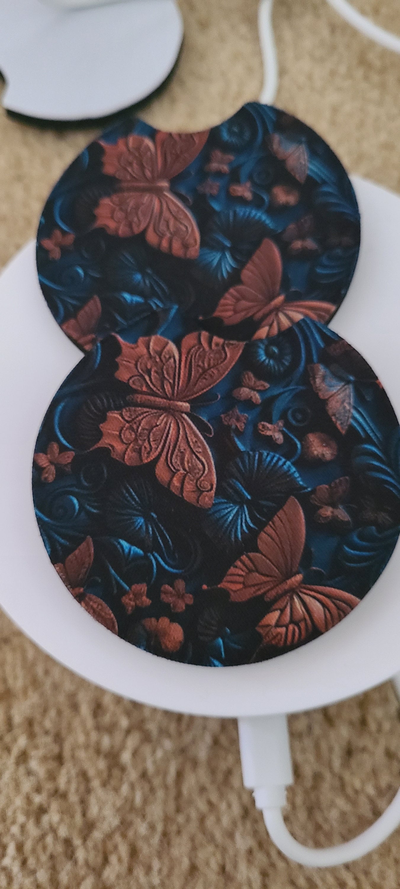 Butterfly tooled Neoprene Asorbant Car Coasters come as a set of 2-car accessories-gifts-home decor-trending car coasters-gifts for her